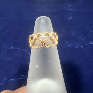Vintage Signed Korea Size 6.5 Gold tone Crystal Linked Hearts Ring